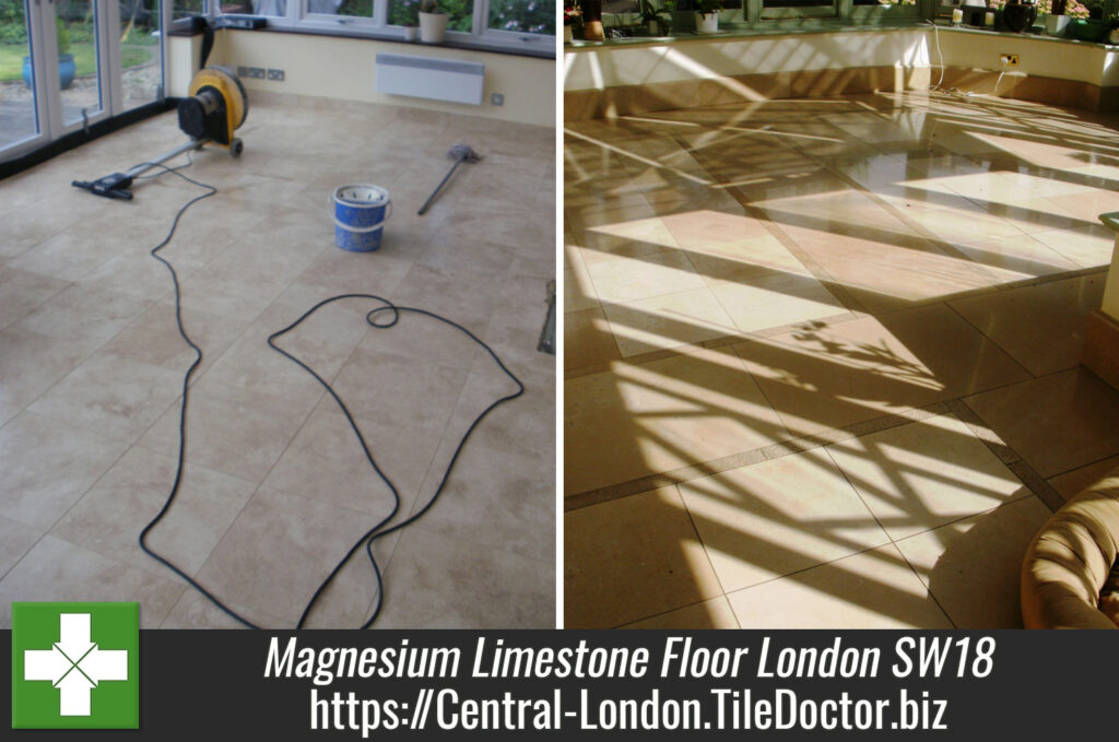 Polishing hard Magnesium Limestone floor tiles in London SW18