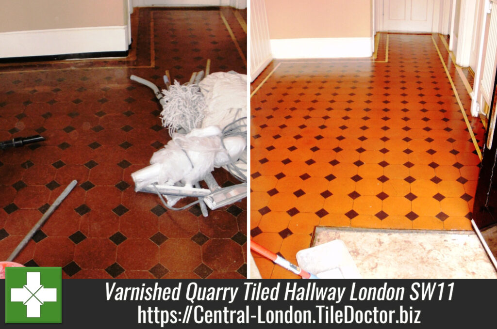 Varnished Quarry Tiled Hallway Restored in London SW11