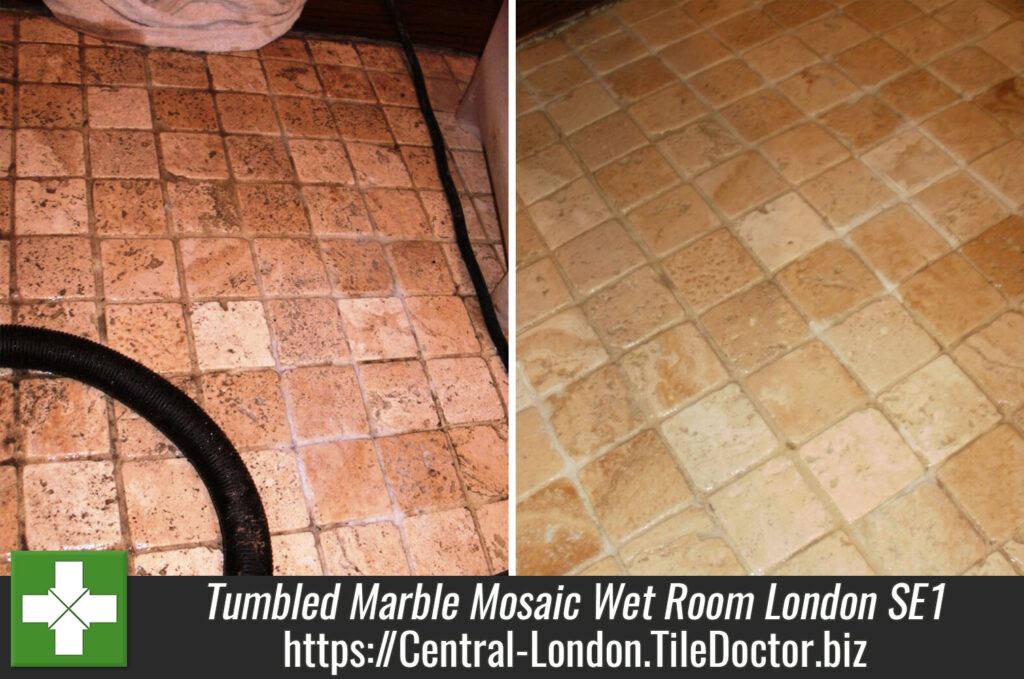 Cleaning a Tumbled Marble mosaic wet room floor in London SE1