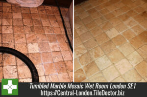 Cleaning a Tumbled Marble mosaic wet room floor in London SE1