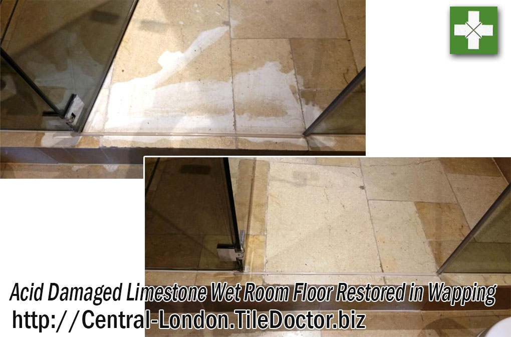 Limestone Wet Room Floor Before and After Restoration Wapping