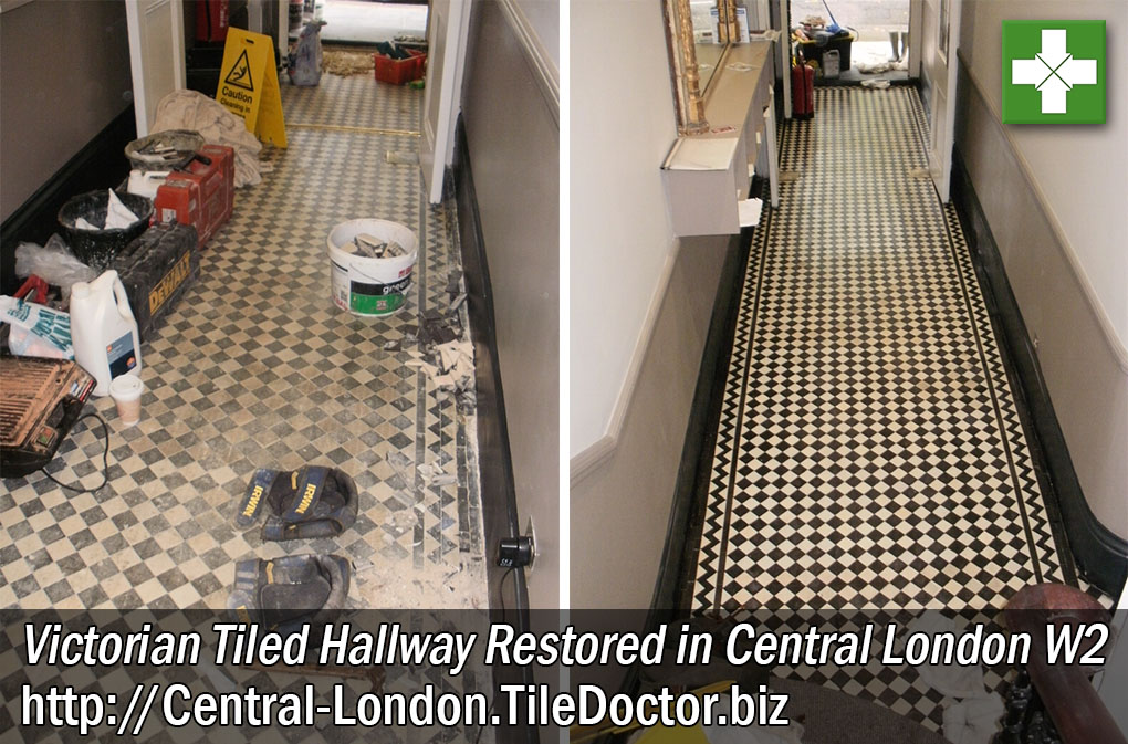 Victorian Tiled Hallway Before and After Restoration in Central London W2