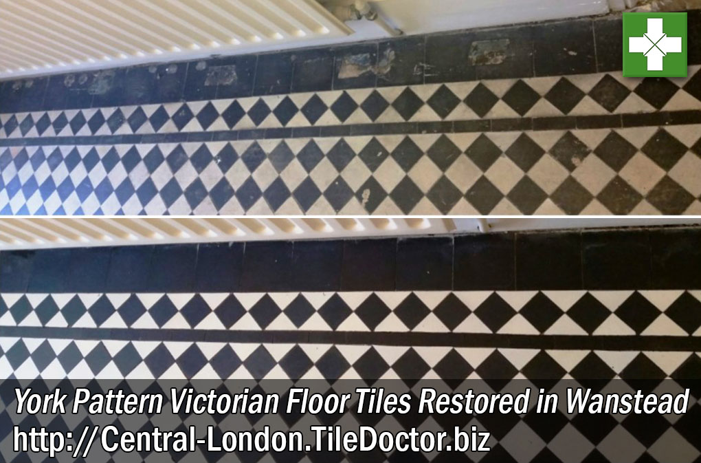 York Pattern Victorian Floor Tiles Before and After Restoration in Wanstead