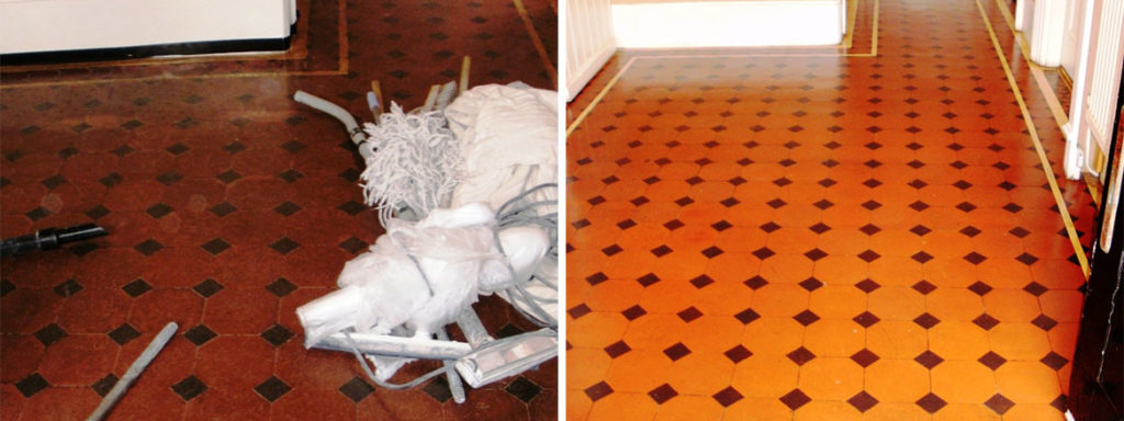 Quarry Tiled Hallway before and after cleaning and sealing